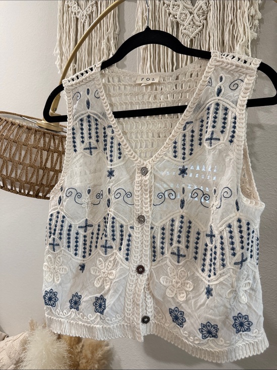 POL Tops - POL Cream Crochet Embroidered Vest with Navy Accents